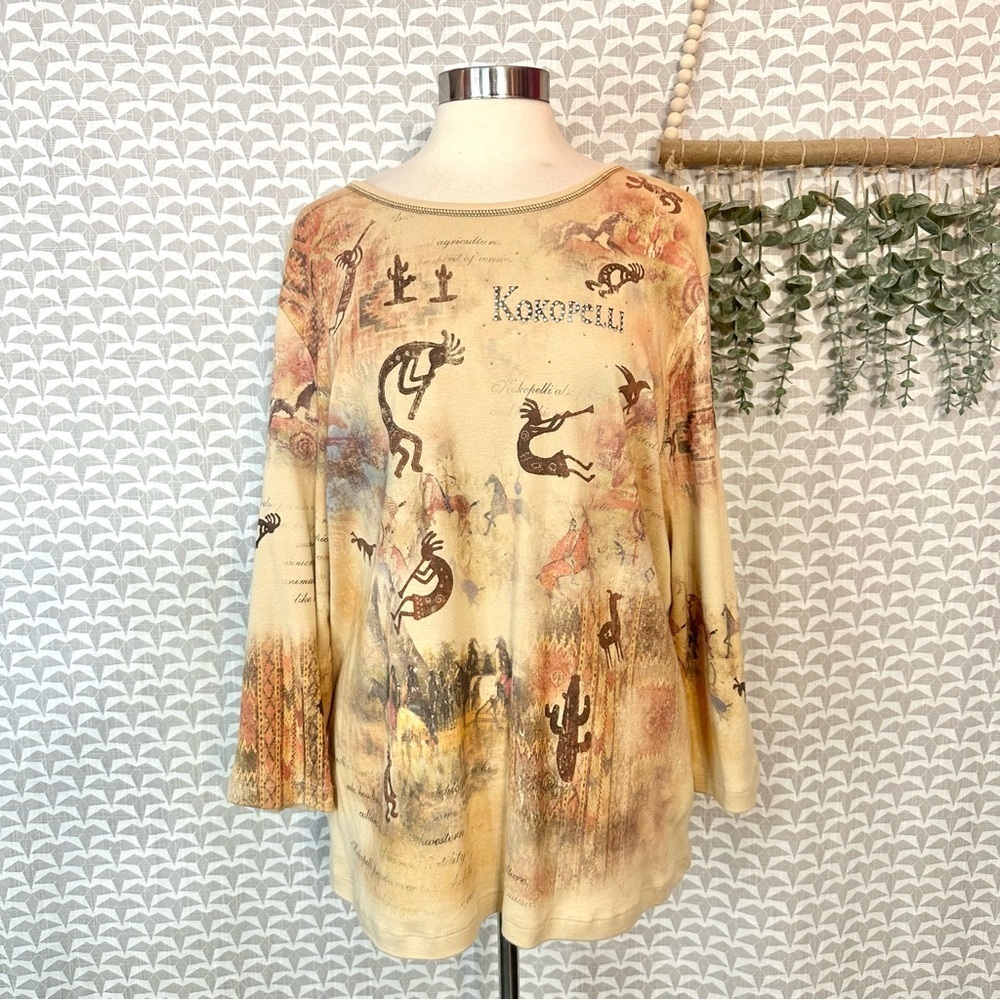 Vtg Y2K Cactus Brand Top Kokopelli Native American Southwestern Print T Shirt 1X - Picture 1 of 9